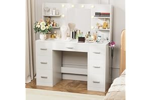 VICTONE Vanity Desk with LED Lighted Mirror&Power Outlet, 3 Model Lights Makeup Vanity Table with 7 Drawers and 6 Storage Shelves for Bedroom and Dressing Room (White)