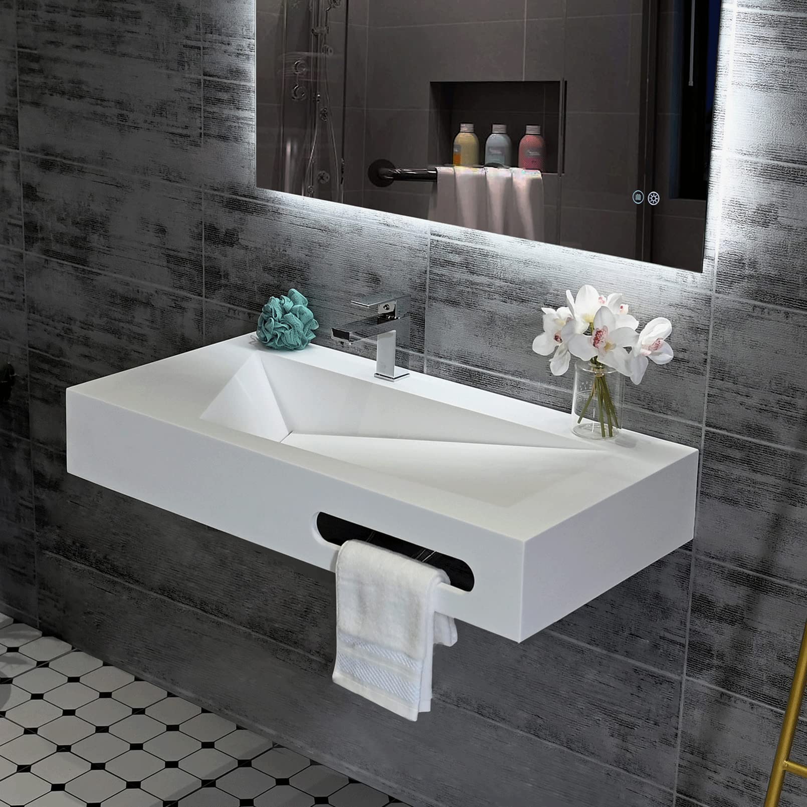 Photo 1 of GESIPOR 36"x19" Wall Mount Bathroom Vanity with Sink Stone Resin Floating Vanity Sink Rectangular Vessel Sinks for Bathroom White Trough (Mirror Not Included)