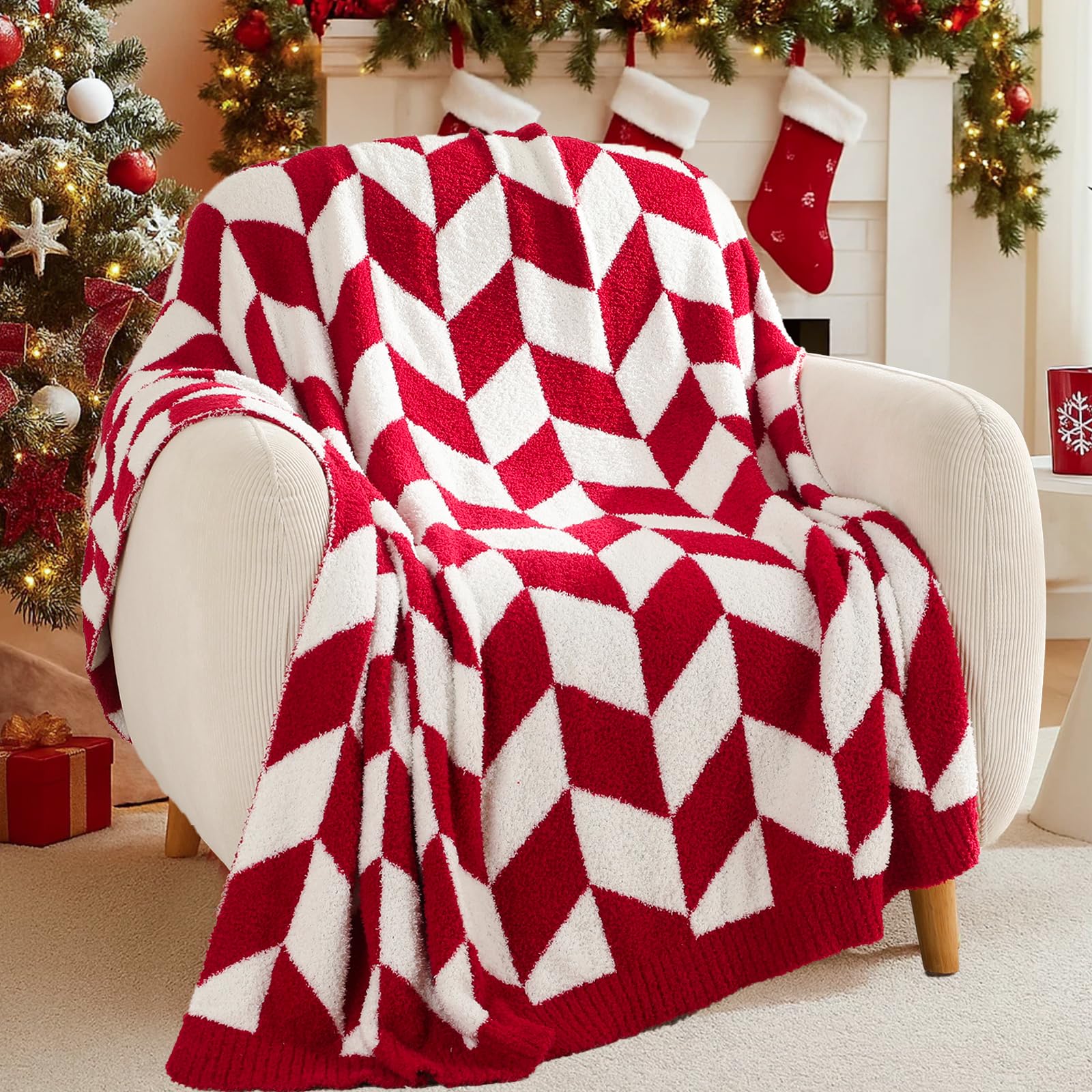 Snuggle Sac Chevron Red Throw Blanket for Couch, Super Soft Christmas Blankets Cozy Knit Fuzzy Plush Lightweight Throws for Sofa, Bed, Red,50x60 inches Image