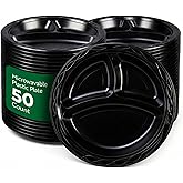 RW Base 9 Inch Microwavable Food Plates, 50 Round Plastic Plates - 3 Compartments, Disposable, Black Plastic Dinner Plates, Serve Hot And Cold Foods, For Restaurants And Cafes - Restaurantware