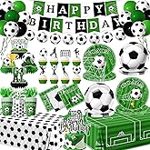 Soccer Birthday Party Decorations, All-in-1 Soccer Party Decorations with Balloons Goal Plates Napkins Cups Cake Toppers Honeycombs Tablecloths and Banner for Sports Theme Birthday Game Day, Serve 24