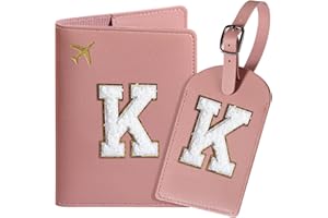 ROKOXIN Passport Cover Case and Luggage Tag Set for Women Girls, Passport Book Holder with Personalized Chenille Letter Patch, Slim Travel Wallet Bag Suitcase Identifier, Pink, K