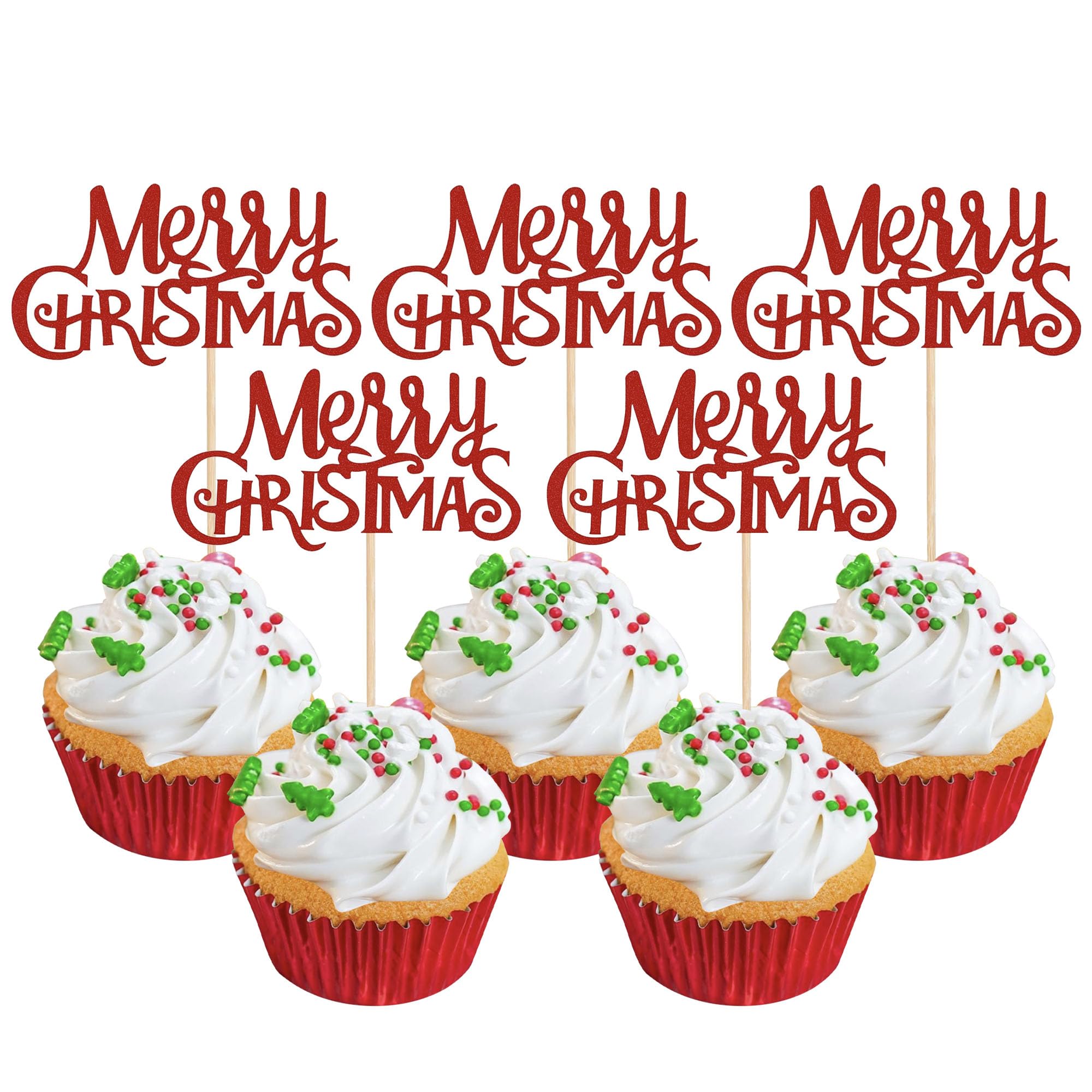 SYKYCTCY 24 Pack Merry Christmas Cupcake Toppers Glitter Eve Xmas Cupcake Picks for Celebrating Merry Christmas Theme New Year Holiday Party Cake Decorations Supplies Red