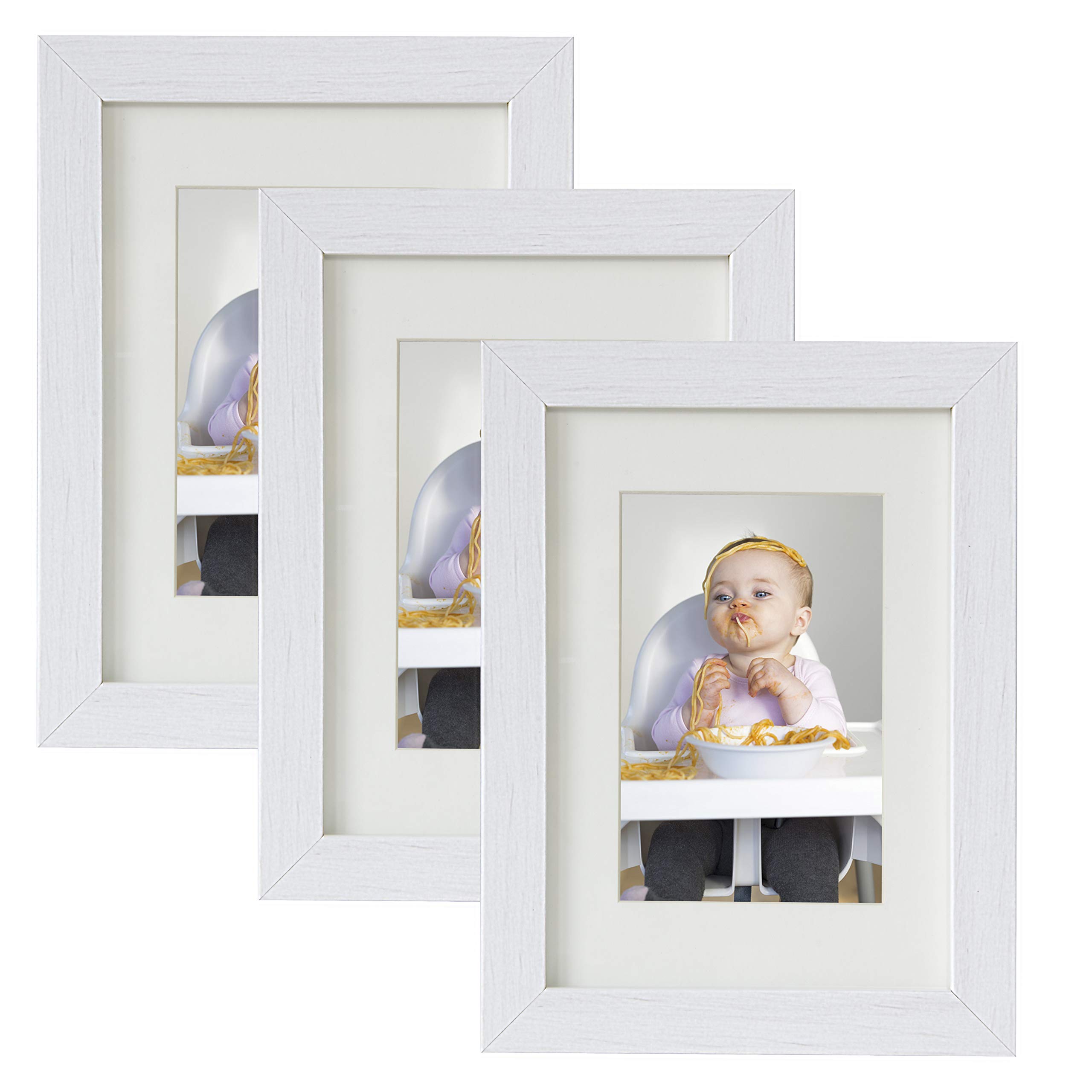 BD ART 3 Pack of 6x8 Rustical White Picture Frames Made of Wood and High Definition Glass Display Pictures 4x6 with Mat or 6x8 Without Mat - Vertical and Horizontal Display