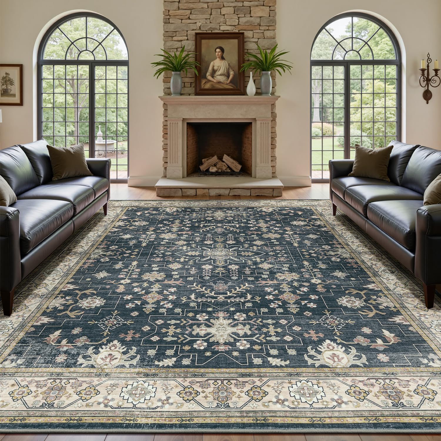 Lessymo 8x10 Area Rugs for Living Room, Black Brown Washable Rug for Bedroom Dining Home Office, Soft Non-Slip Rubber Vintage Floral Large Carpet, Boho Distressed Moody Farmhouse Decor