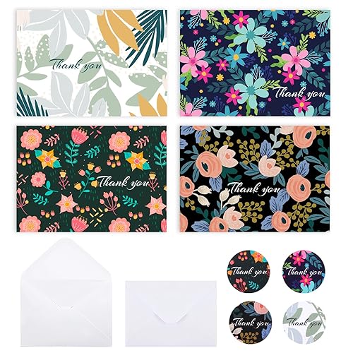 Utron 32 PCS Thank You Cards with Envelopes, Painted Florals Thank You Cards, Envelopes and Stickers Thank You Notes, Wedding Thanks Cards