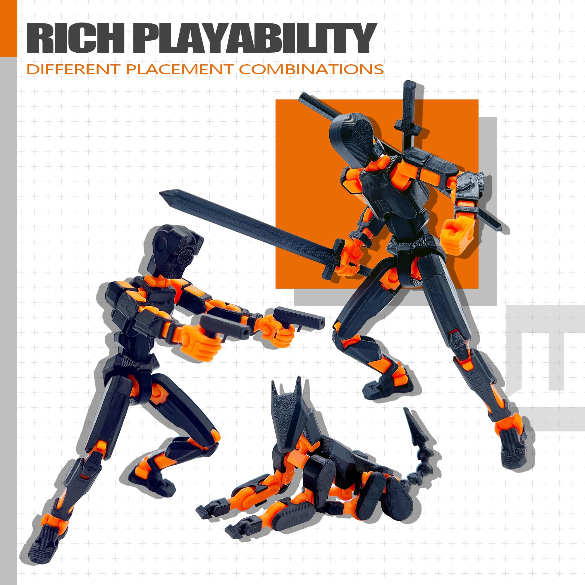 Uodofy (Assembly Completed) T13 3D Action Figure Set,Dummy Robo Titan 13 Action Figures,3D Printed Multi-Jointed Toy (Black + Orange)