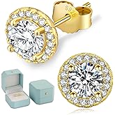 KRKC Moissanite Earrings, Lab Created Diamond Stud Earrings For Women Men, 14K Golden-Plated, 925 Sterling Silver Earrings, D Color VVS1, Valentines Christmas Gift, Halo Style, Push Back, 0.2CT-8CT