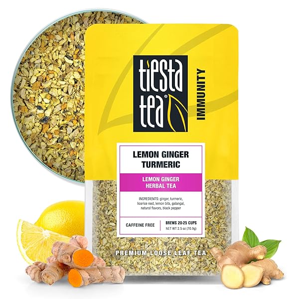 TIESTA TEA – LEMON GINGER TURMERIC, LOOSE LEAF, LEMON GINGER HERBAL TEA, PREMIUM BLEND, NON CAFFEINATED HERBAL, MAKE HOT OR ICED BREWS UP TO 25 CUPS, 2.5 OUNCE RESEALABLE POUCH