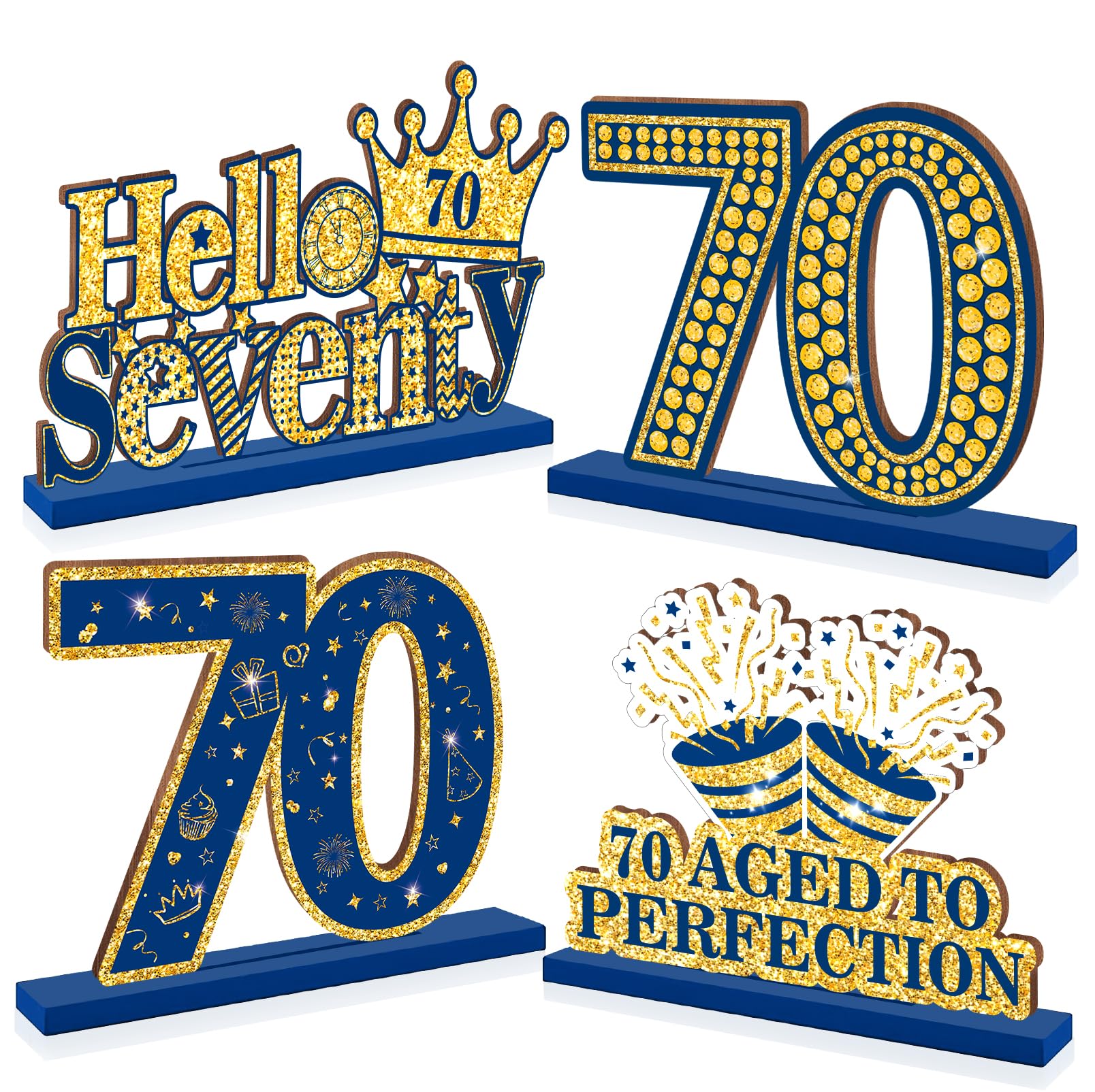 Photo 1 of Happy 70th Birthday Table Decorations Blue 70th Birthday Table Centerpieces Sign Navy Blue Gold 70th Birthday Party Supplies Decorations for Men Women Wooden Vintage 1954 Centerpieces for Tables Decor