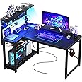 Homieasy Small Gaming Desk with Power Outlets Pegboard LED Light, 43 Inch L Shaped Computer Desk with Monitor Stand Storage Shelves, Reversible Corner Desk with Headset Hooks, Carbon Fiber Black