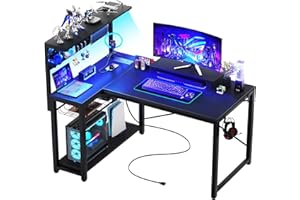 Homieasy Small Gaming Desk with Power Outlets Pegboard LED Light, 43 Inch L Shaped Computer Desk with Monitor Stand Storage Shelves, Reversible Corner Desk with Headset Hooks, Carbon Fiber Black