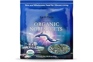 Earth Circle Organics | Organic Nori Seaweed Sheets - Raw, Unheated & Not Roasted | Grade A Certified | Vegan, Paleo, Keto Friendly | Premium Nori for Sushi Rolls & Wraps (50 Sheet)