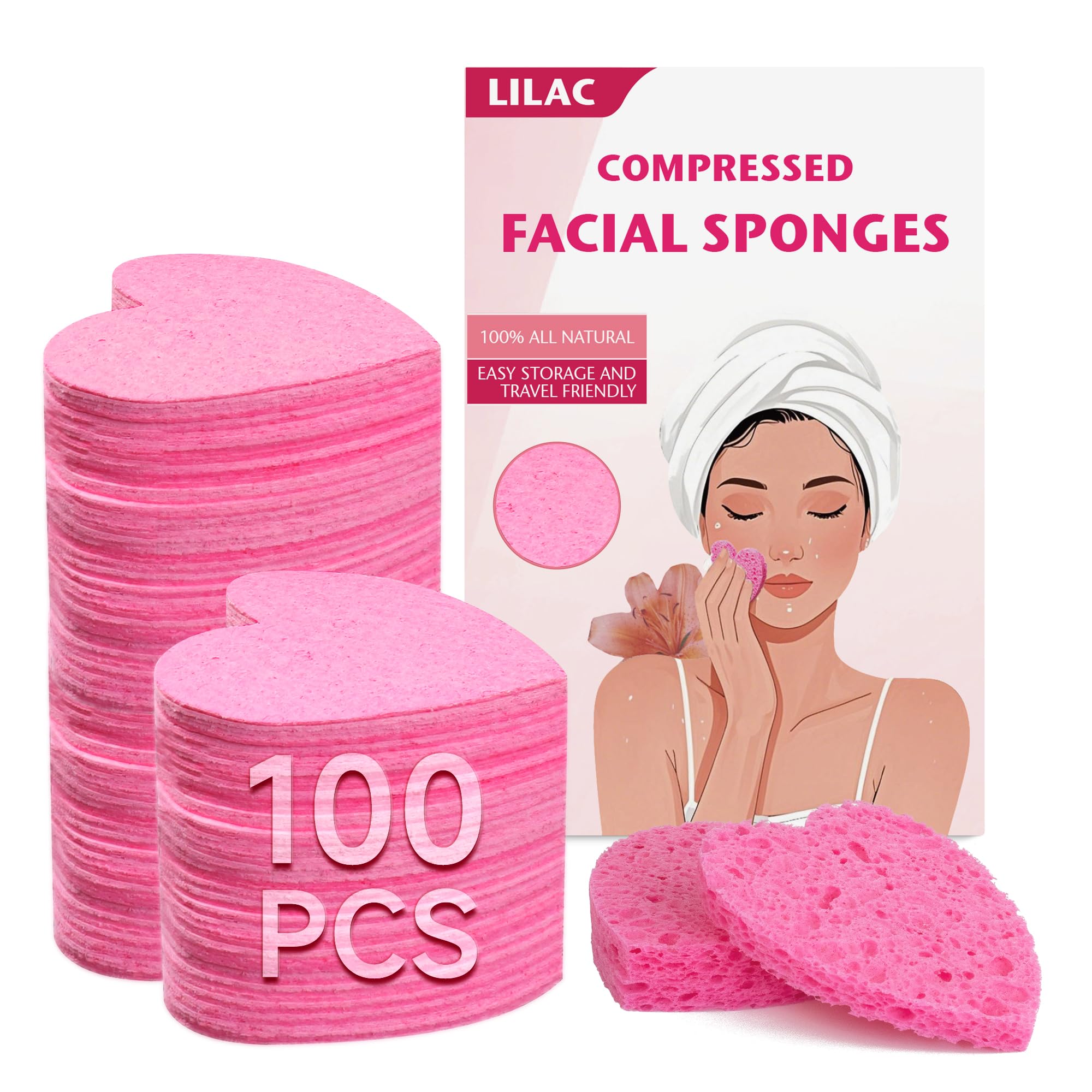 Photo 1 of 100 Count Compressed Pink Heart Facial Sponges 100% Natural Cellulose Eco-Friendly Makeup Sponges for Gentle Cleansing, Exfoliating & Stubborn Makeup Removal Travel & Home Beauty Essentials for Women