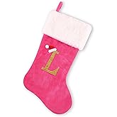 BELISHMIE 20-inch Personalized Pink Faux Velvet Stocking with Embroidered Gold Letter – Luxurious Christmas Decoration and Gift, Plush Finish (Pink-L)