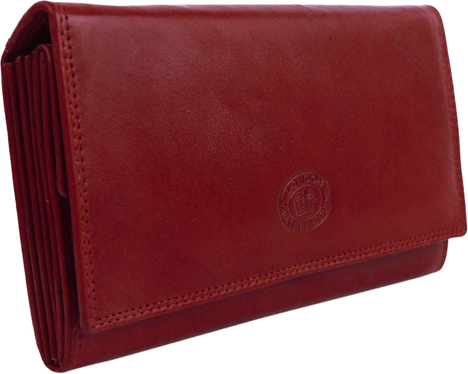 London Leathergoods Ladies Soft Large Leather Flap-Over Purse/Wallet, Dark Red, 17.5cm x 10cm / 7" x 4"