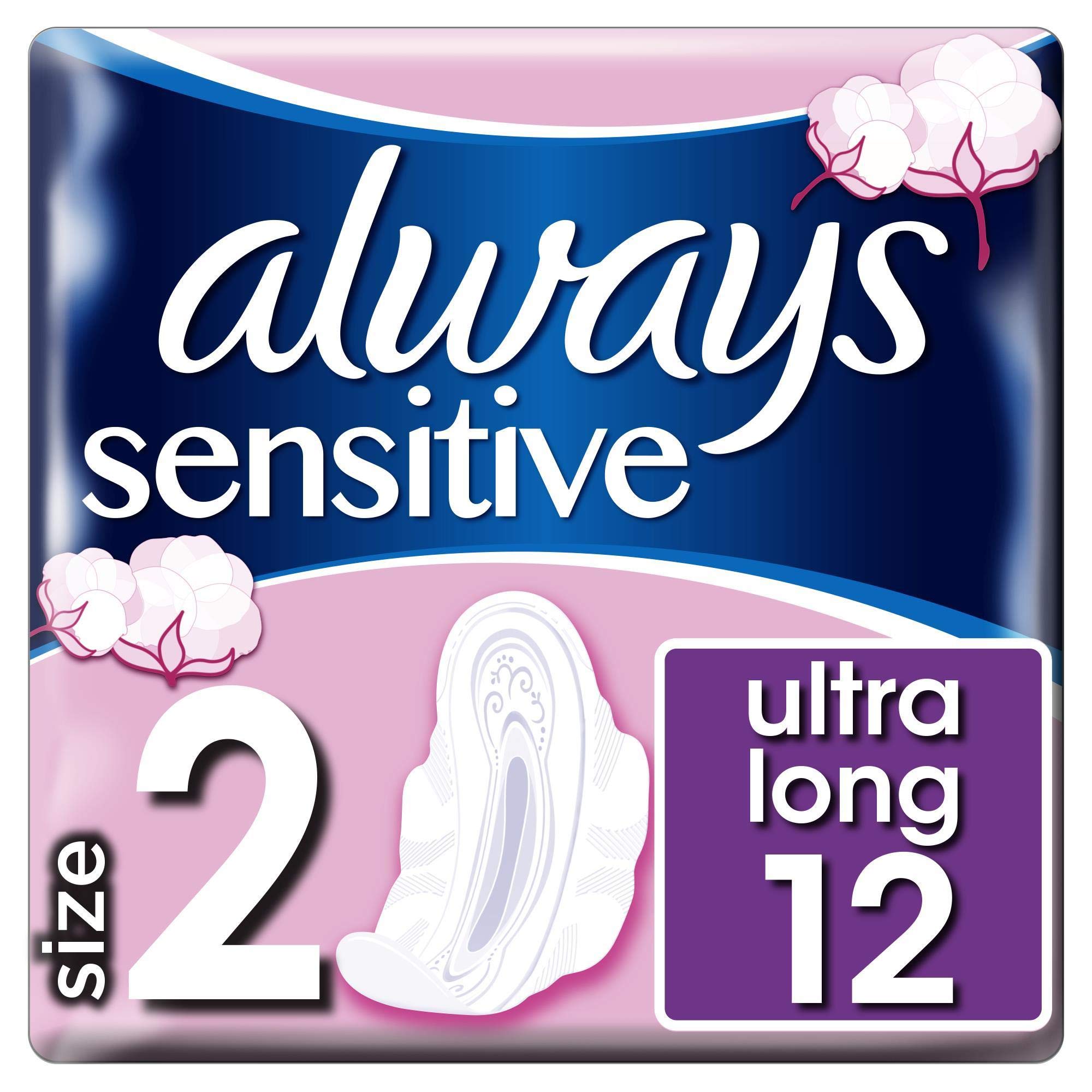 Always Ultra Sensitive Long Sanitary Towels (with Wings) Size 2, Pack of 8 (8 x 12)