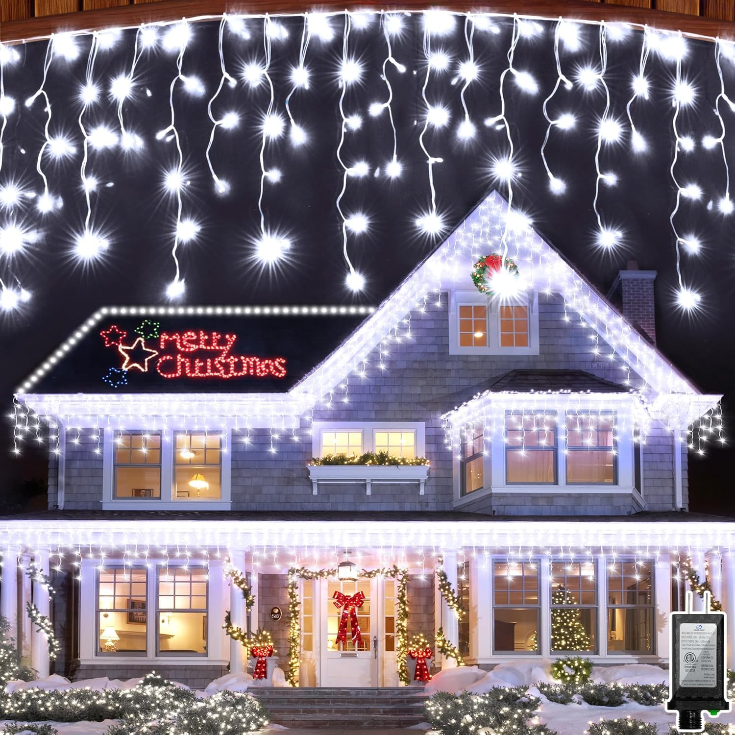 Photo 1 of 1296 LED 131FT Christmas Lights 288 Drops, Outdoor Hanging lights with 8 Modes & Timer, Plug in Curtain String Light Outdoor Waterproof for House Tree Holiday Wedding Party Outside Decor (Cool White)