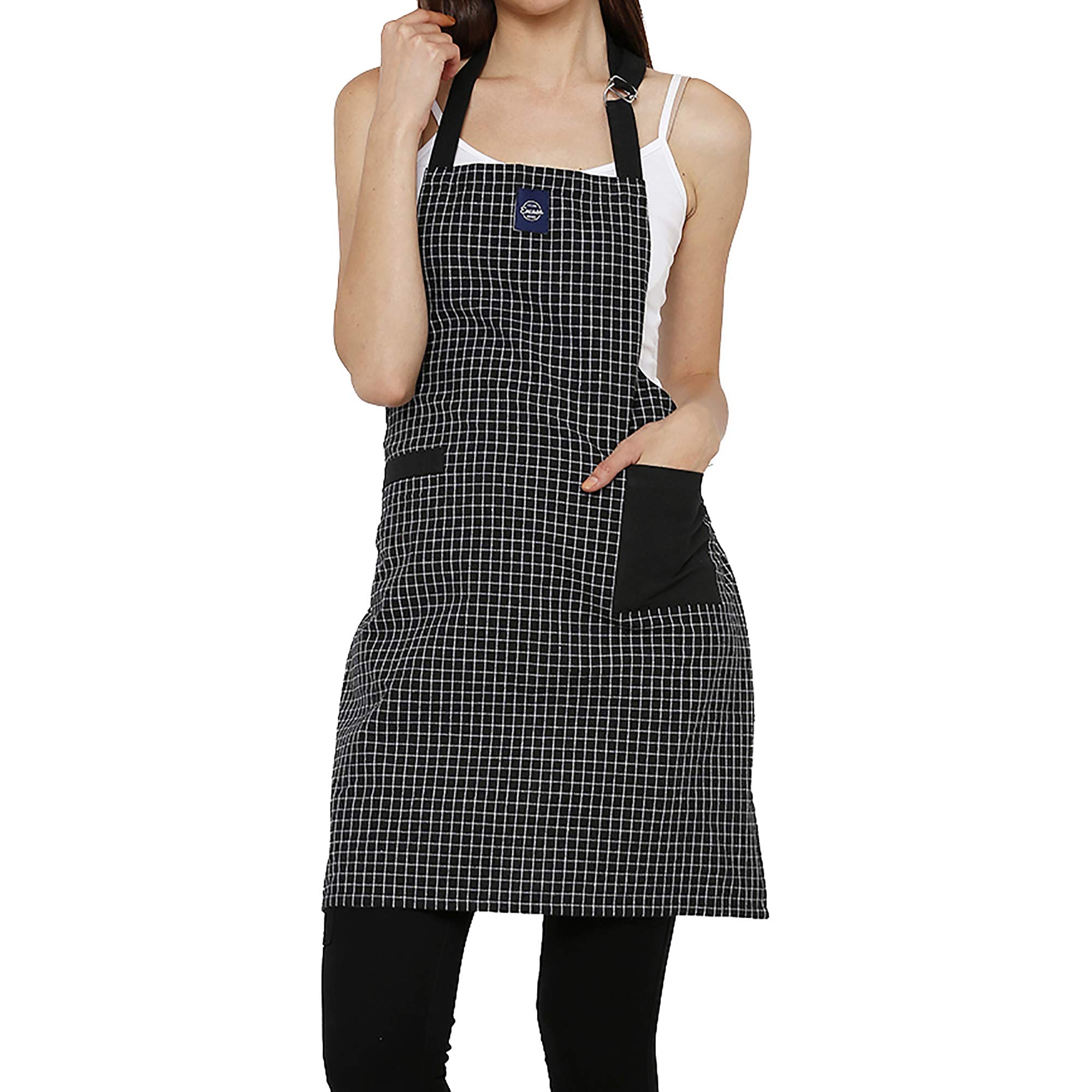 Encasa XO Adjustable Kitchen Cotton Apron With Pockets & Towel Holder Of Size 68x85 cm (Butcher Checks Black) for Men & Women Chefs For Cooking & Baking in Home, Restaurants & Barbeque