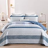 WONGS BEDDING Blue Quilt King Size, Bohemian Stripe Quilt Sets 3 Pieces Boho Quilted Bedspread Set Lightweight Microfiber Coverlet Bedding Set All Season (104"x90")