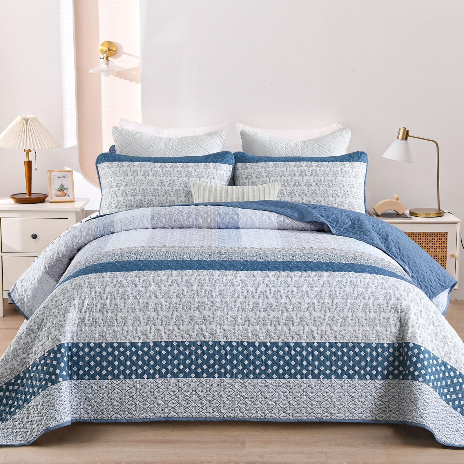 Photo 1 of WONGS BEDDING Blue Quilt King Size, Bohemian Stripe Quilt Sets 3 Pieces Boho Quilted Bedspread Set Lightweight Microfiber Coverlet Bedding Set All Season (104"x90")