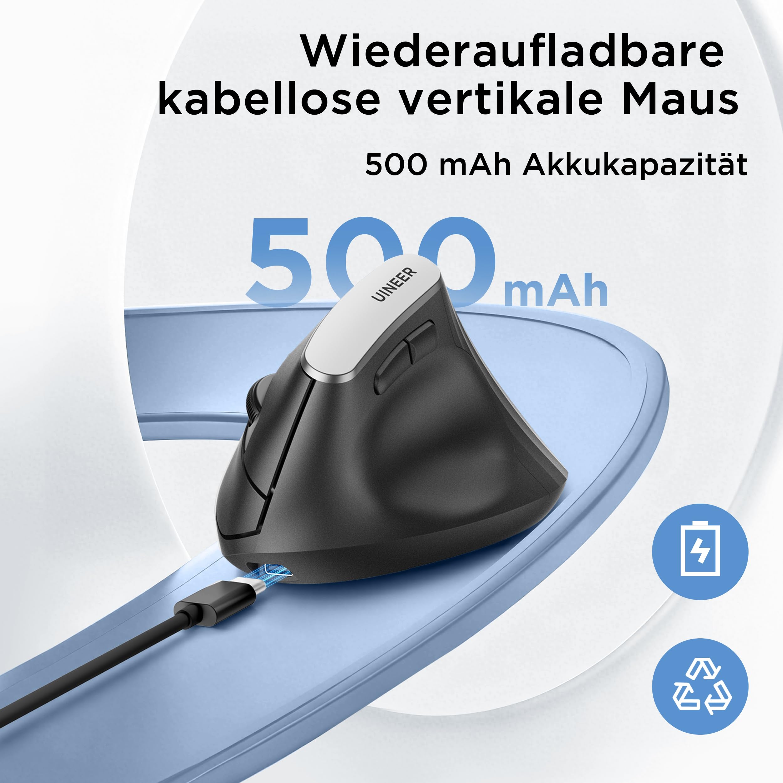 Uineer kabellose Maus, Multi-Device Tri-Mode Maus, sichtbare Leistungsstufe (2.4G+BT4.0/BT5.0) Wiederaufladbare Wireless Mouse, 4 einstellbare DPIs, 6 Tasten, für Laptop, Desktop, PC (Schwarz) 4