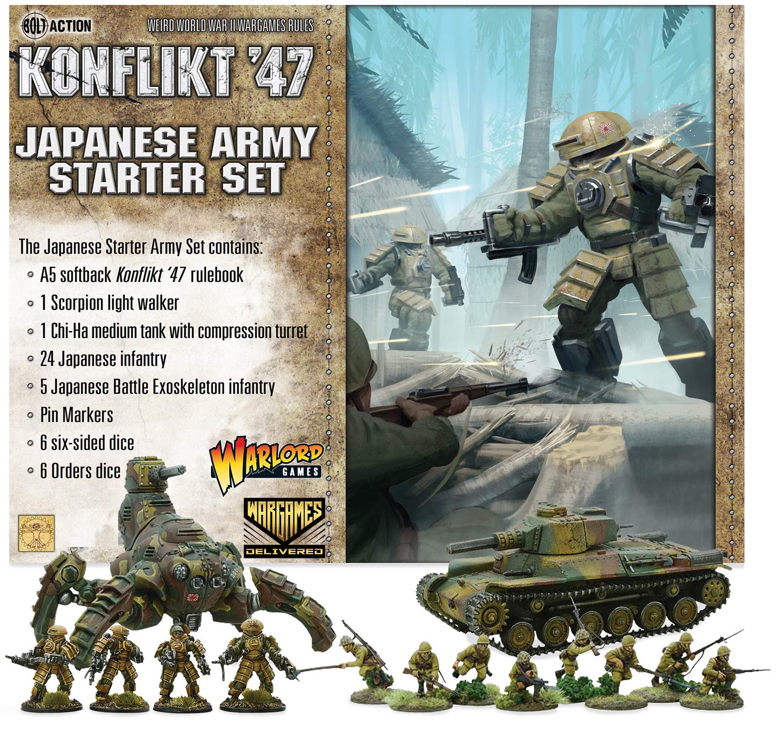 Wargames Delivered - 28mm Military Tanks Miniatures Game - World War RPG Miniature Wargames Set - Warlord Games Konflikt '47: Japanese Army Starter Set