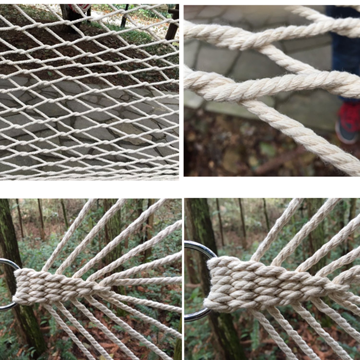 Opino Beige Cotton Rope Hammock, Hollow Out Double Wide Wood Hanging Tree Hammock Garden Patio Yard(US Stock)