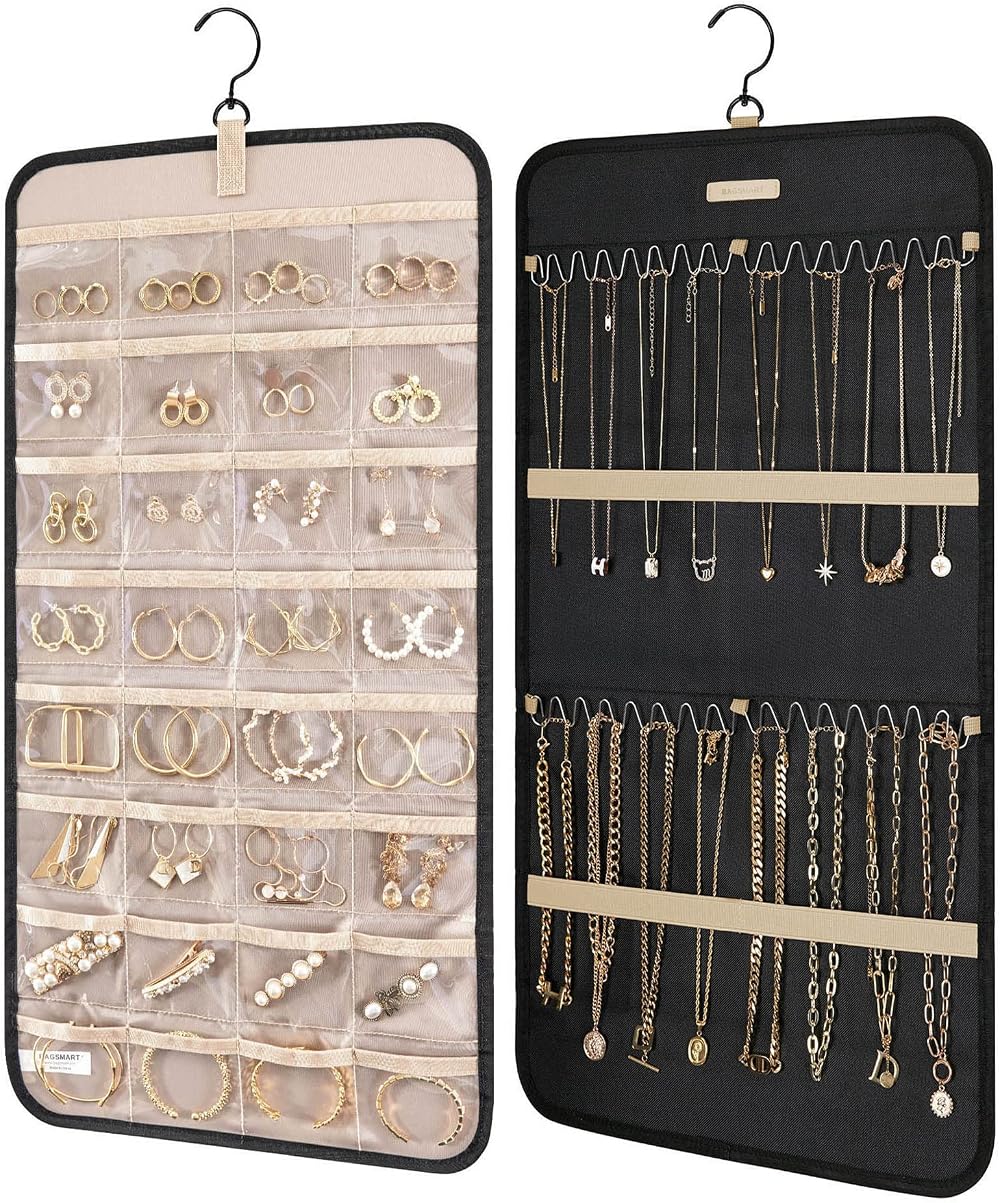 bagsmart Dual-Sided Jewelry Organizer Hanging 32 Pockets with 3 Wave Hooks