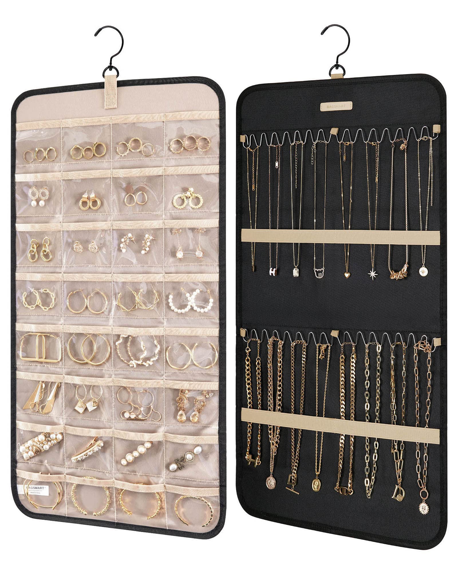 bagsmart Dual-sided Jewelry Organizer Hanging with Metal Hooks,32 Pockets and 3 Wave-Shaped Hooks,Jewelry Roll for Earrings,Necklaces,Rings on Closet,Wall,Door,1 piece, Large,Black