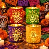 Qinyoung 4 Pcs Day of the Dead Dia De Los Muertos Candle Holder Decoration | Dia De Los Muertos Tea Light Decorations Candle Holders for Table Holiday Party Favors and Gifts