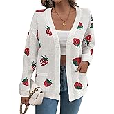 Women's Strawberry Cardigan Sweater Printed Long Sleeve Open Front Knit Cardigans with Pockets