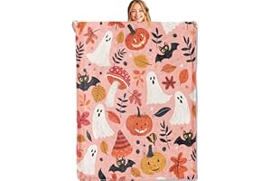 MIEPOS Ghost and Pumpkin Throw Blanket,50x60in,Soft,Lightweight Flannel,Cute Pink and Orange Blankets - Gifts for Kids Girls,for Couch Office Travel,Home Living Room Halloween Festive Decor