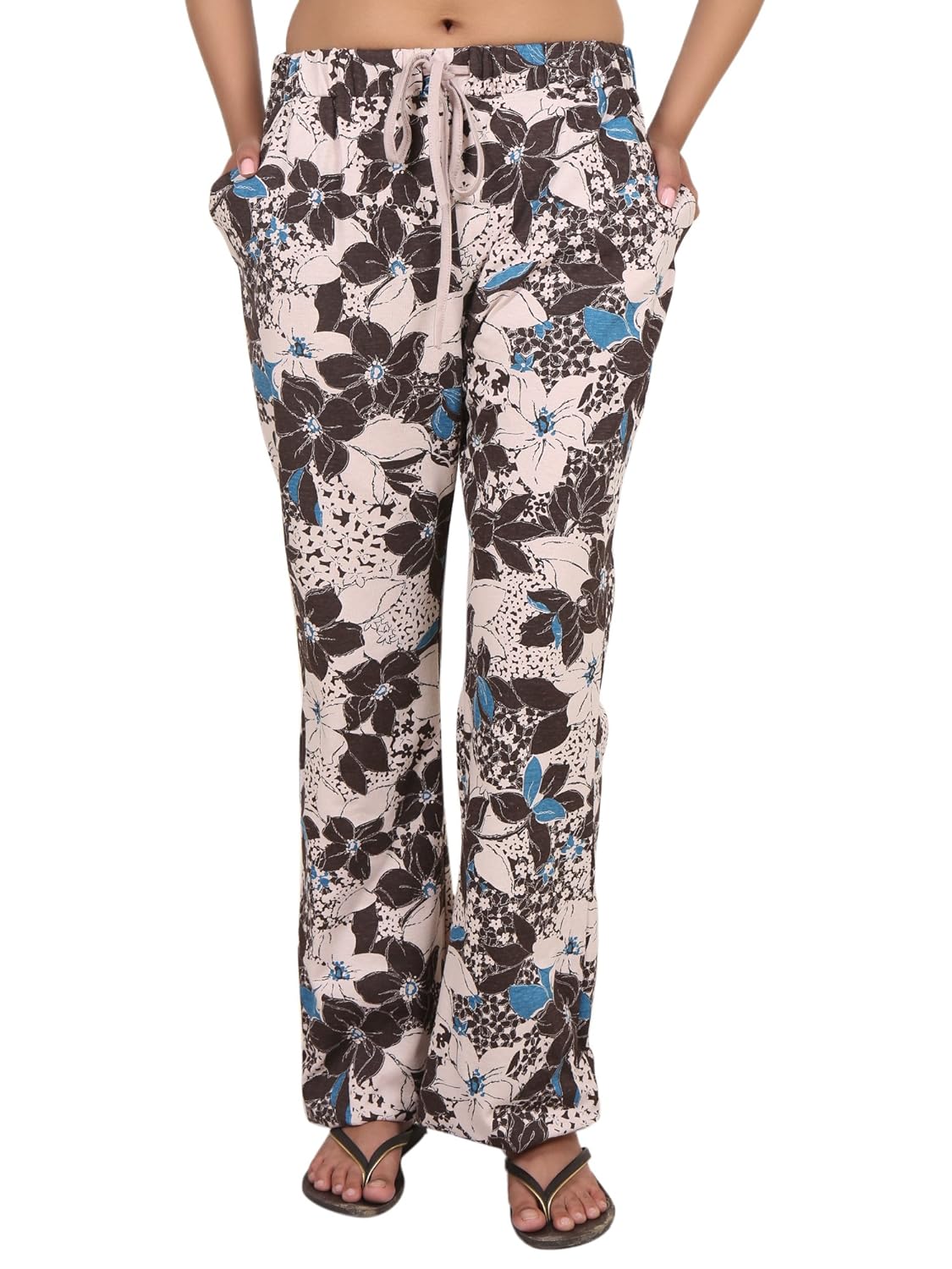 9teenagain women's cotton hosiery nightwear pajama(beige & brown printed)