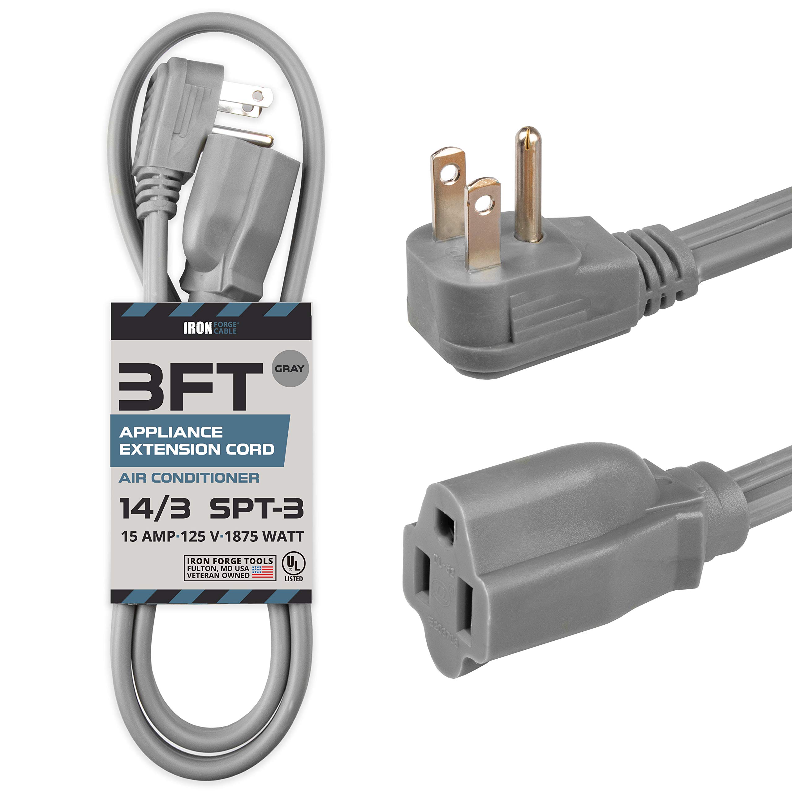 Photo 1 of Iron Forge Cable 3 ft Appliance Extension Cord Gray 14/3 Heavy Duty - Flat Plug & Flat Cable 15 Amp 3 Prong SPT-3 for Major Home Appliances, 14 AWG