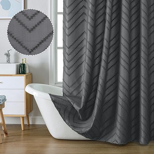 Chyhomenyc Chevron Extra Long Grey Boho Shower Curtain 72x78 inches, Fabric Shower Curtain Modern Farmhouse Chic Textured Tufted Chevron Striped Minimalist Cute Hotel Bathroom Shower Curtain