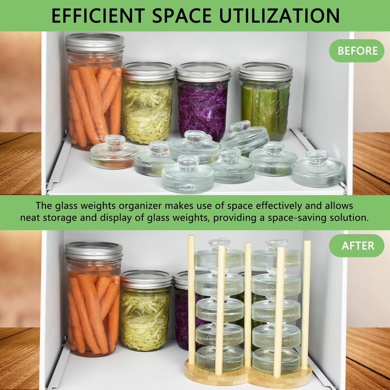 Artcome 10-Pack Glass Fermentation Weights with Easy Grip Handle and Unique Texture Design for Large Wide Mouth Mason Jars - Pickle Pebbles with Glass Weights Organizer - Space Saving Compact Design
