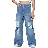 EXARUS Girls Jeans Pants Wide Leg/Flare/Skinny Denim Pant Ripped High Waist Elastic Band Casual with Pockets Kids 6-14Y