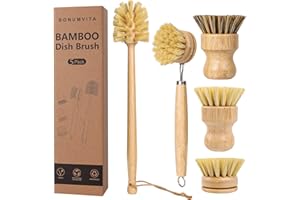 BONUMVITA 5 Pack Bamboo Dish Brush Set, Wooden Dish Brush with 14’’ Bottle Brush, Natural Kitchen Scrub Brush for Dishes Pots