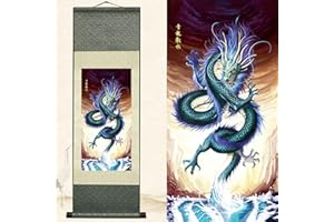 Newscz Asian Wall Art for Living Room Silk Scroll Painting Art Poster Oriental Decor Azure Dragon Playing with Water Chinoiserie Decor Wall Art Mural Vertical Wall Scroll 39 by 12 in