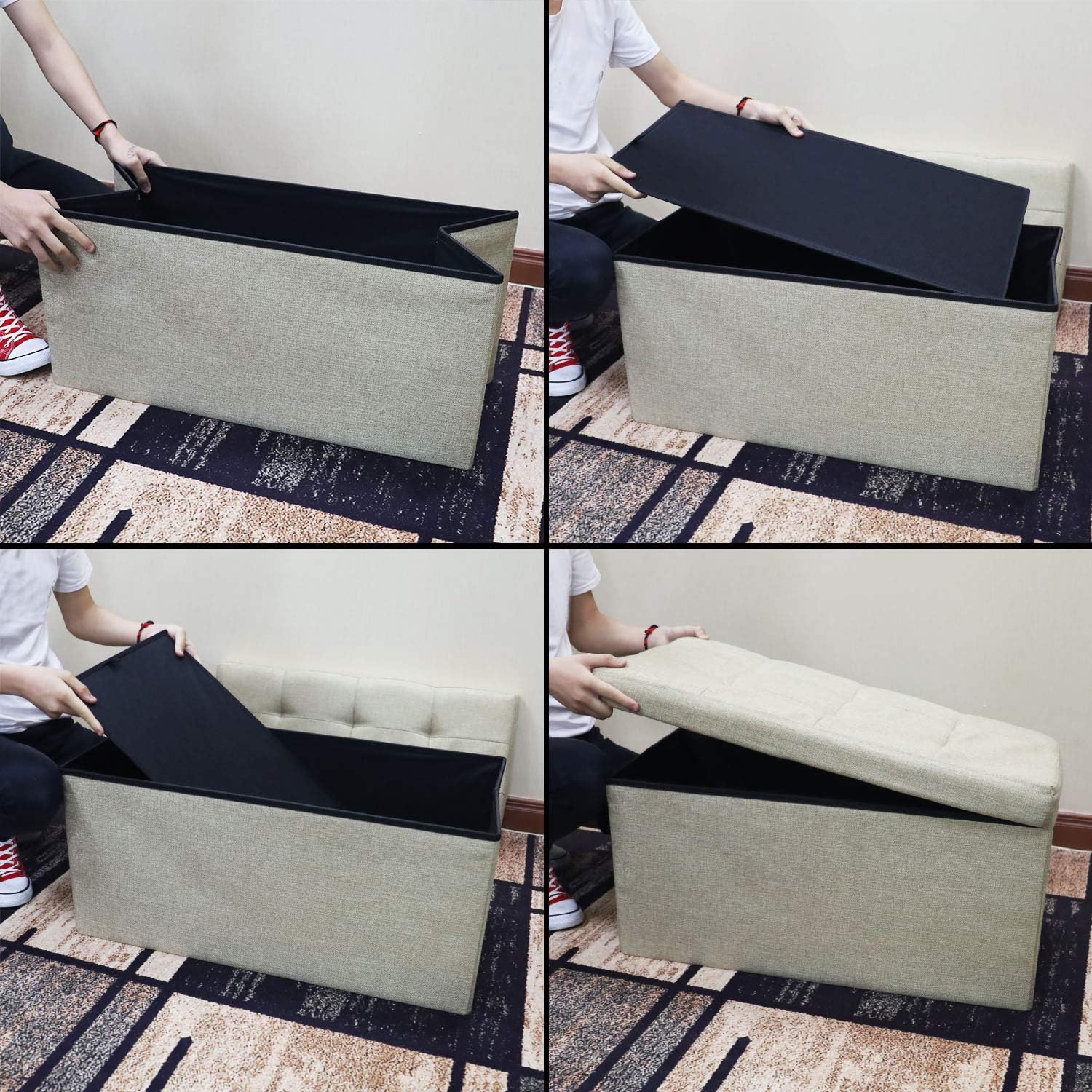 NISUNS OT03 30 Inch Linen Fabric Foldable Storage Bench Ottoman, Beige: Kitchen & Dining