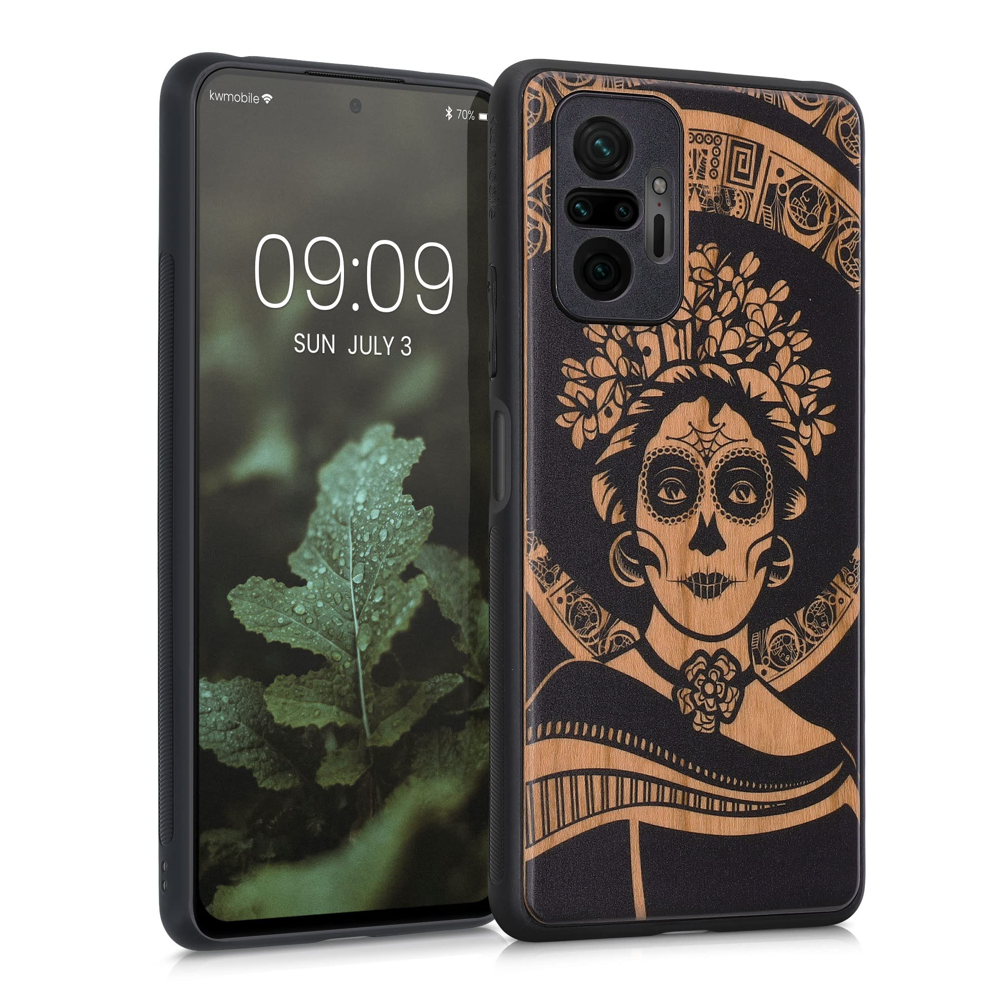 kwmobile Wood Case Compatible with Xiaomi Redmi Note 10 Pro Case - Cover - Mexican Skull Light Brown/Black