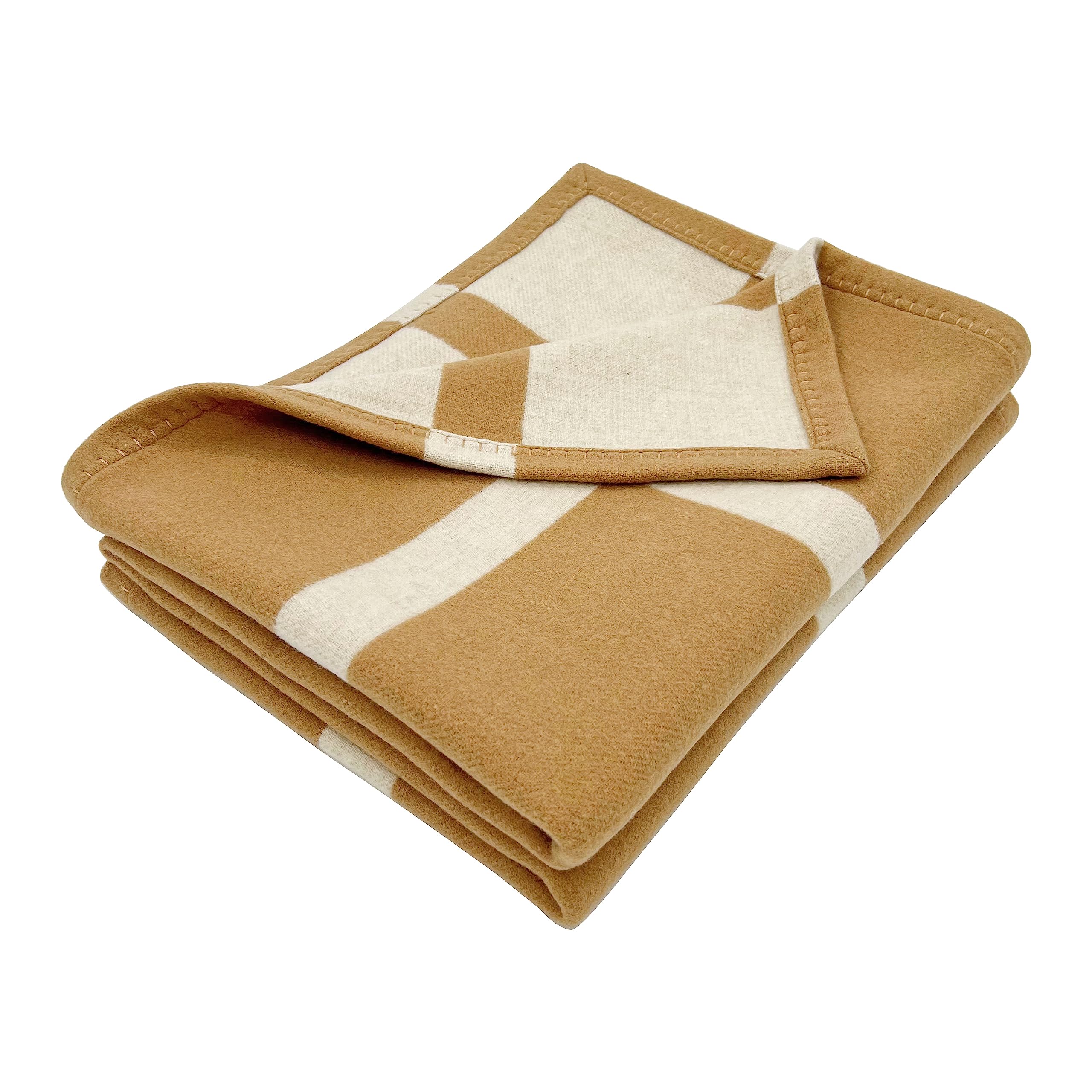 MeJeewool Thick Warm 70% Wool Throw Blanket, Striped Mens/Womens Wool Blanket Great for Camping, Outdoors, Travel, Indoor Couch Throw, 55" x 70" with Exquisite Box for Gift (Camel)