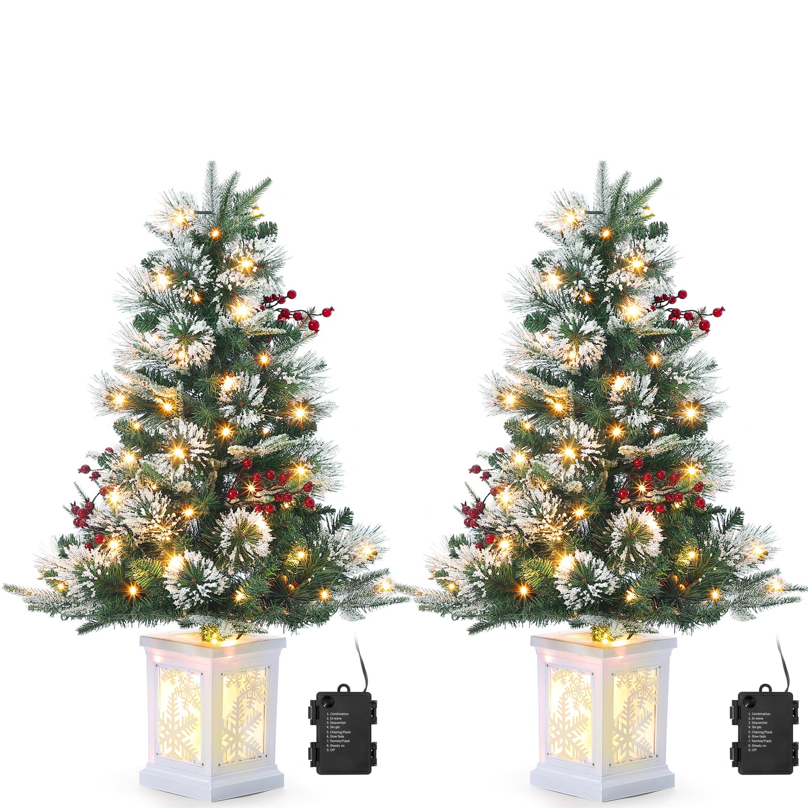 Photo 1 of **PARTIAL - ONLY 1**
3FT Mini Christmas Tree with Prelit Premium 70 Warm White LED, 8 Mode Pre-lit Xmas Pine Tree for Christmas Decoration, Party Decoration, Home, Office, Snow Flocked White Base-2 Pack
