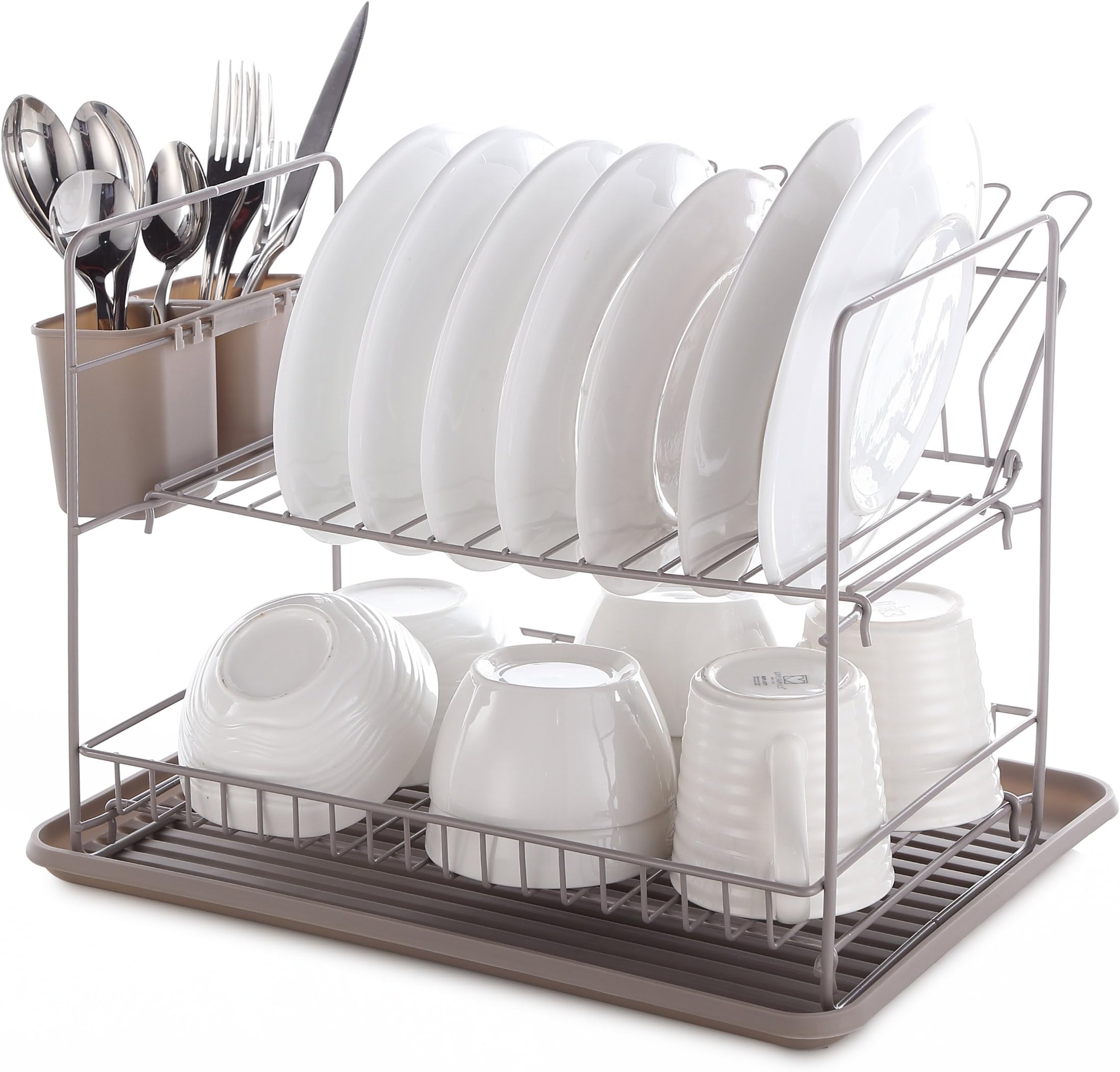 Kendan - Dish Rack Drainer, 2 Tier, Warm Grey with Drip Tray and Folding Rack