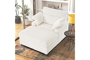 Ihanherry Chaise Lounge Chair Indoor with Ottoman, 57.52 "D Oversized Sleeper Chair, Corduroy Upholstered Comfy Sofa for Bedroom, Living Room, Office(Beige)