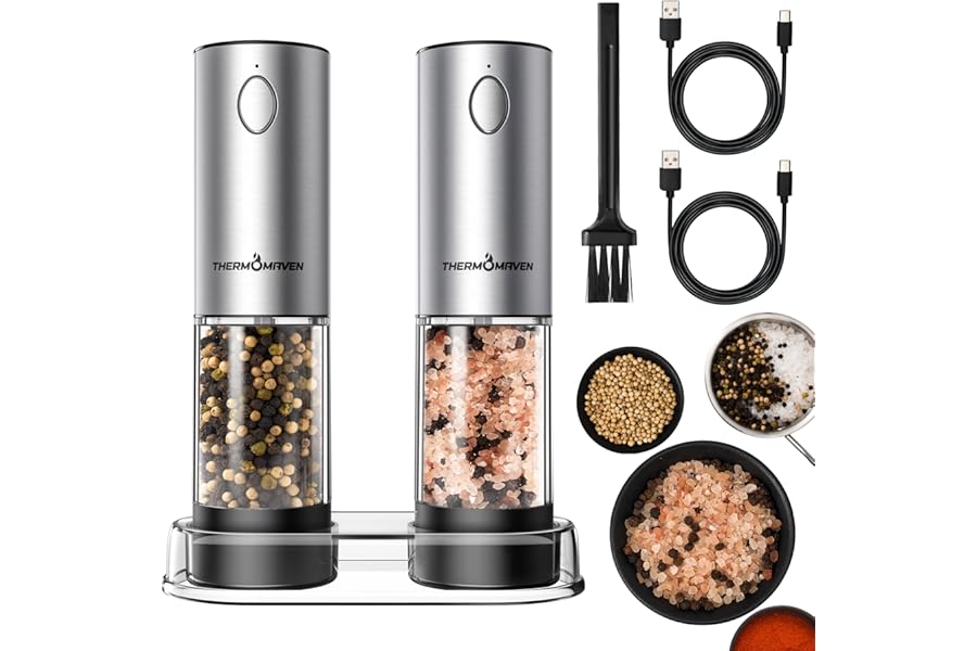 ThermoMaven Electric Salt and Pepper Grinder Set, 110ml Larger Rechargeable Automatic Salt and Pepper Mill Grinder with 6 Adj
