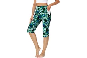 AOBUTE Womens Swim Capris Pant Sun Protection High Waisted Swimming Leggings with Pockets (No Lining)