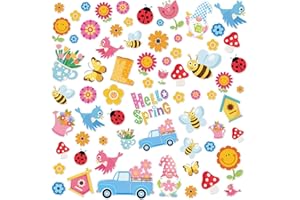 TELLINGYOU 68 Pcs Spring Window Clings Thick Cute Gel Clings Colorful Flower Ladybugs, Bees, Mushrooms Butterfly Bird Window Decals Stickers for Home Wall Fridge Spring Party Decorations