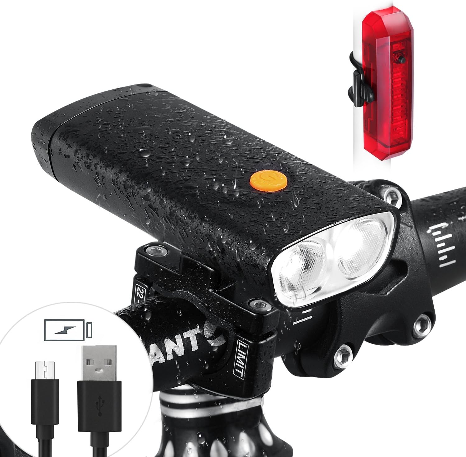 1000 lumen Cree L2 LED Bike Light, Bicycle Headlight USB Rechargeable, 5000mAh High Capacity Battery, IPX6 Waterproof, USB Bicycle Rear Light Included Fits all Bike Rear Light Set Fits ALL Bikes